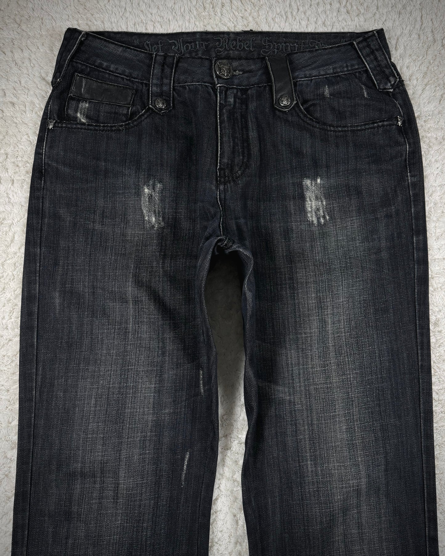 Rebel Spirit Crown Embroidered Flap Pockets Bootcut Denim