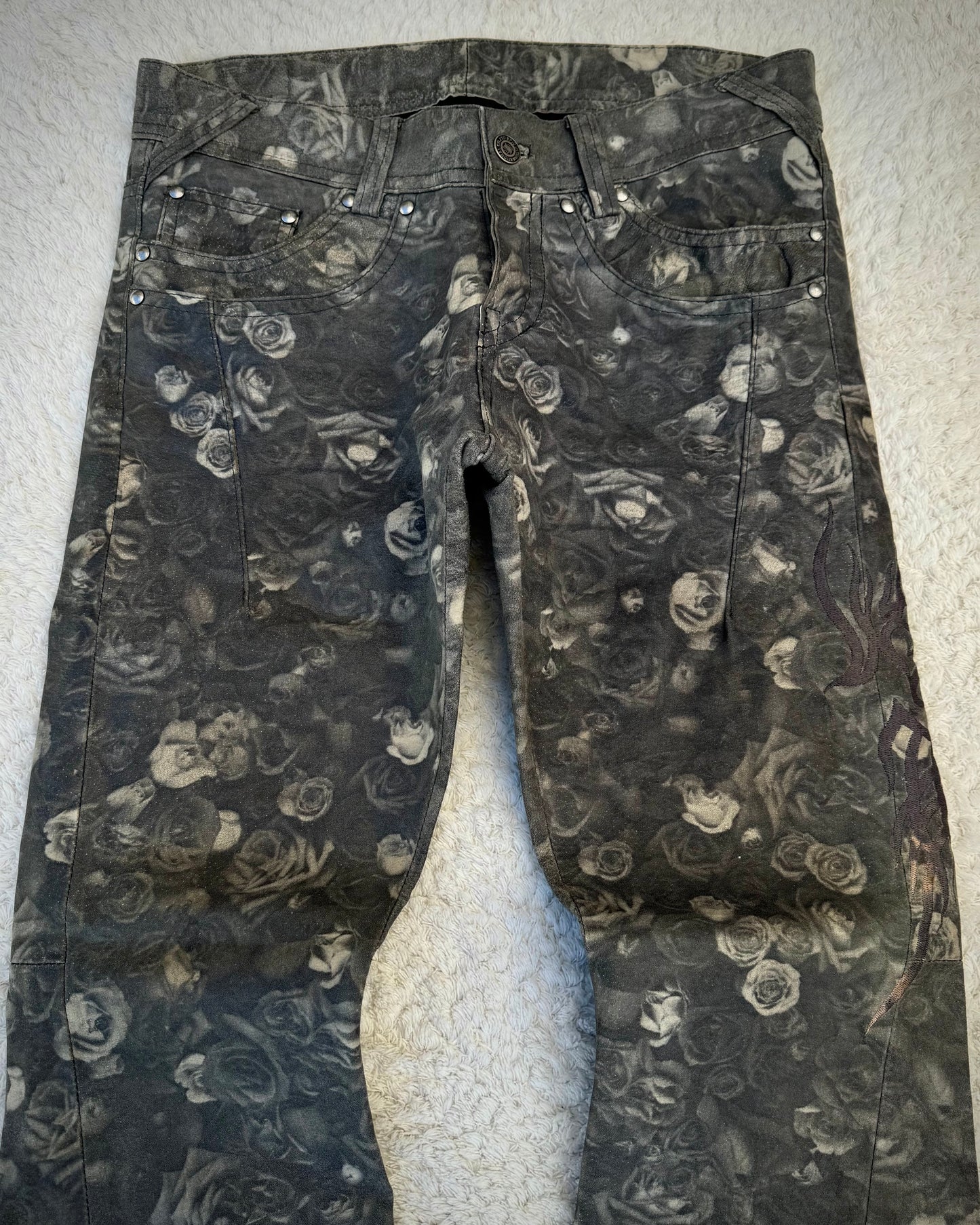 Tornado Mart Floral Tribal Embroidery Flared Leather Pants
