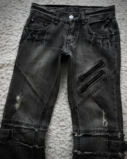 Black Baccara Zipper Strapped Construction Flared Jeans