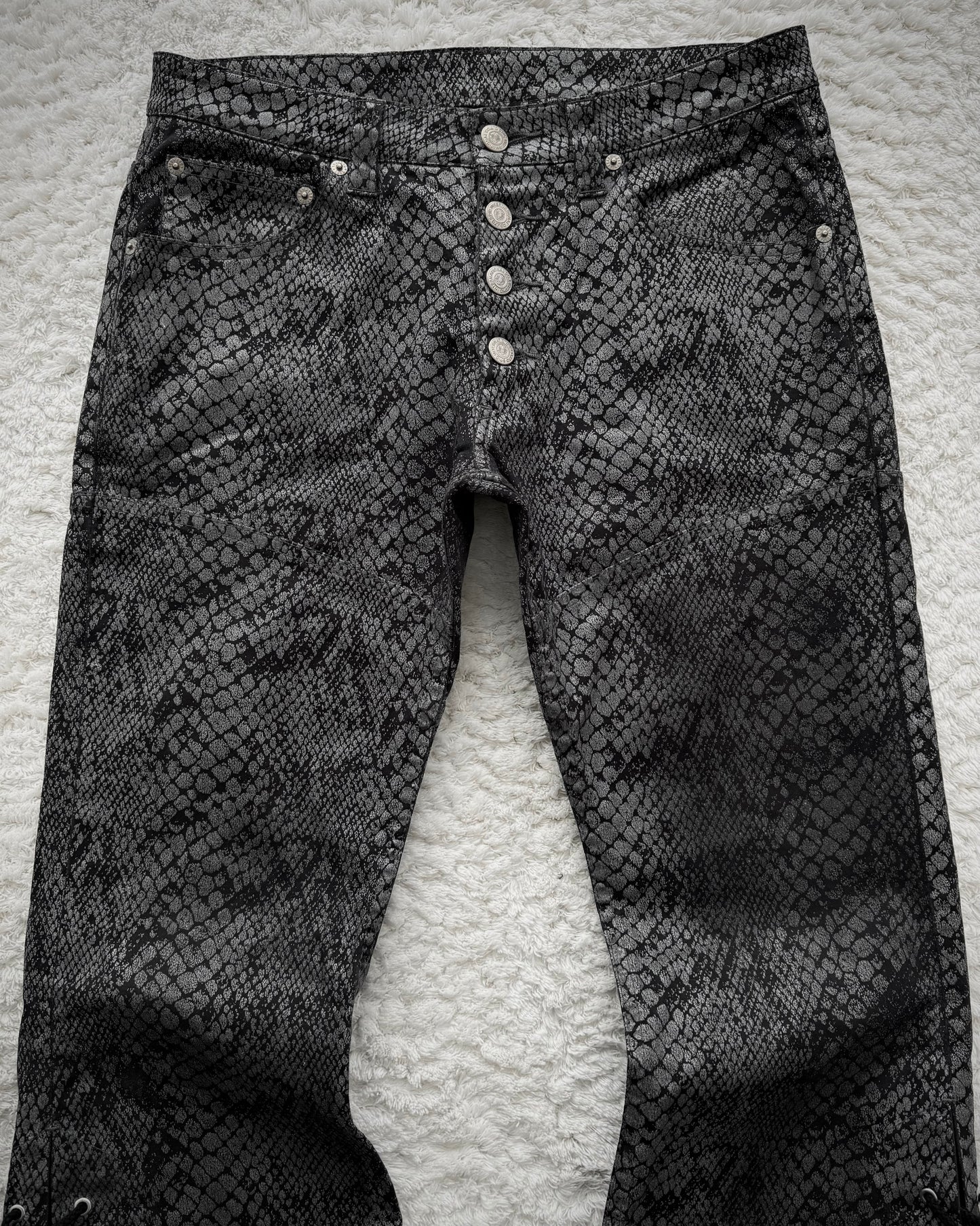 Tornado Mart Python Coated Lace Up Flared Jeans