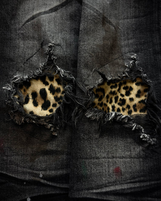 CavariA Leopard Repaired Clawmarks Flared Jeans