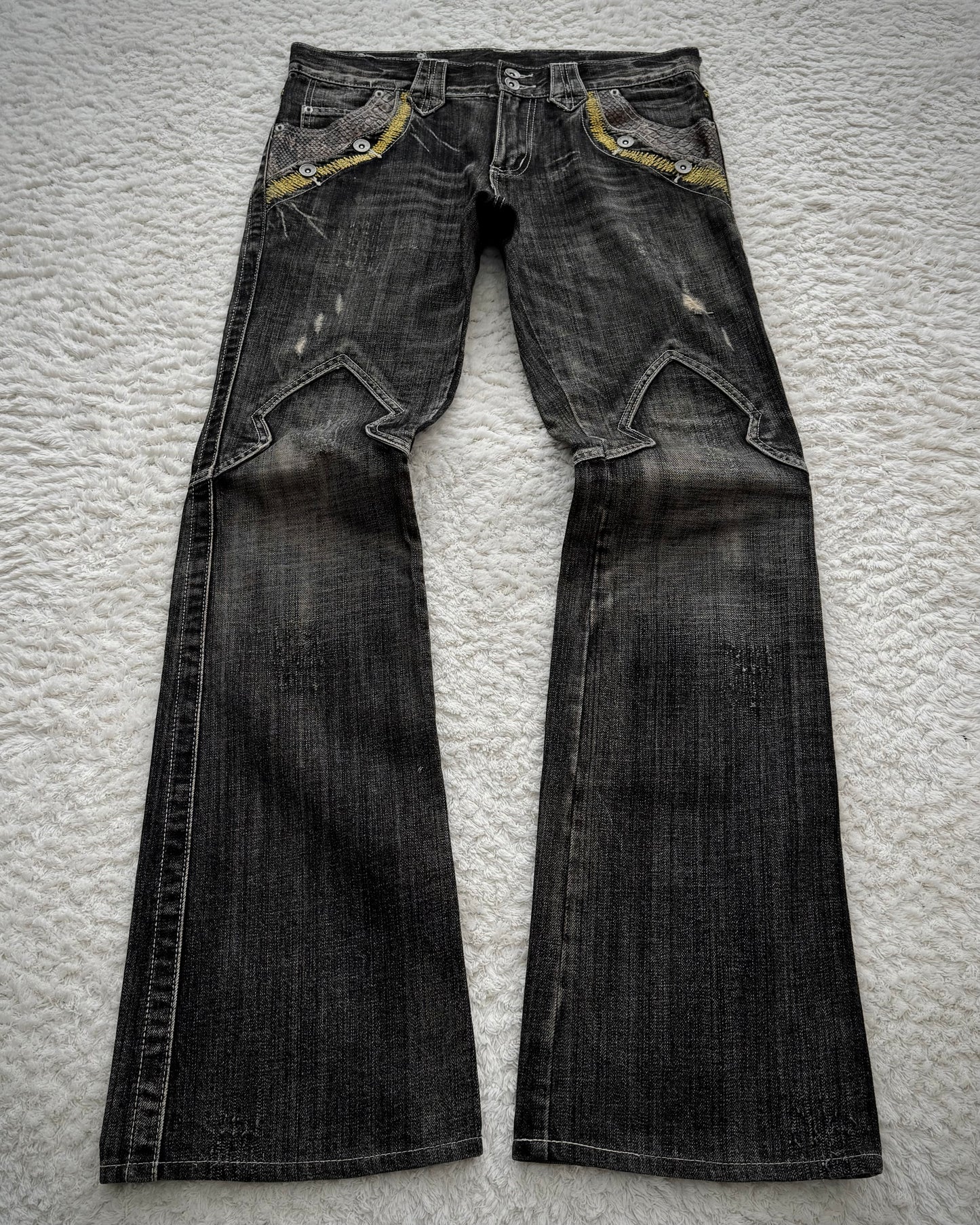 Semantic Design Python Detailed Sword Knee Flared Jeans