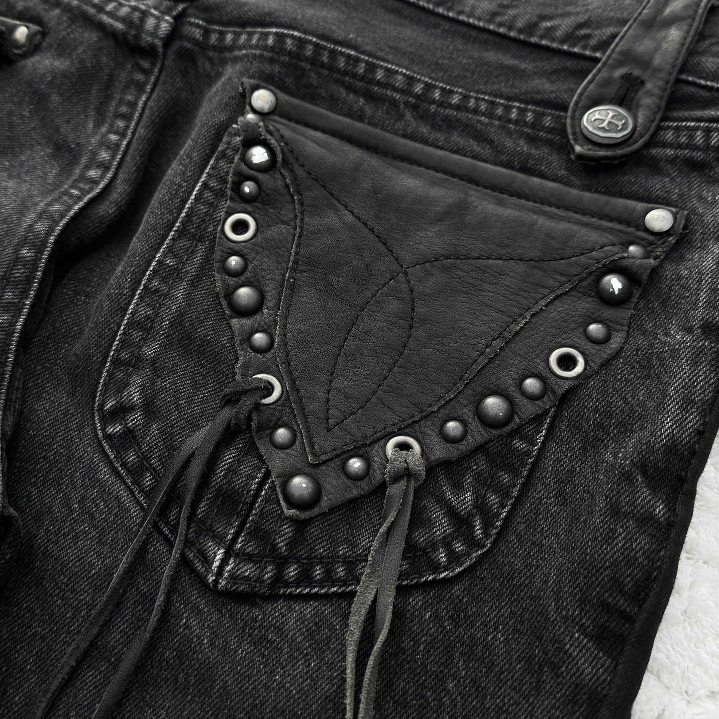 5351 Pour Les Hommes Cross Pierced & Studded Leather Detailing Bootcut Jeans