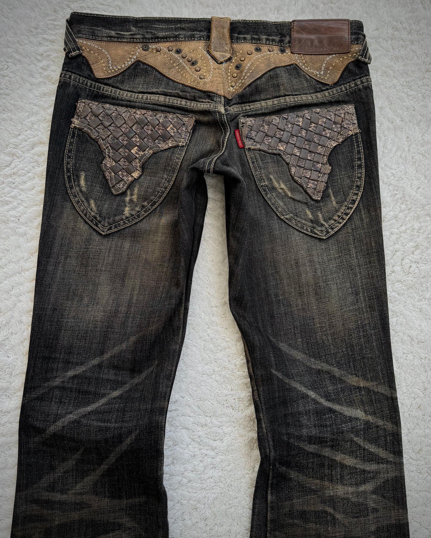 Tornado Mart Western Studded Leather Panels Flared Jeans