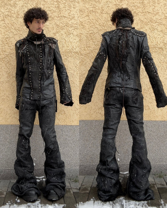 1vfudie “Noir” Scar Stitched Crocodile Leather Bell Bottom Flared Pants