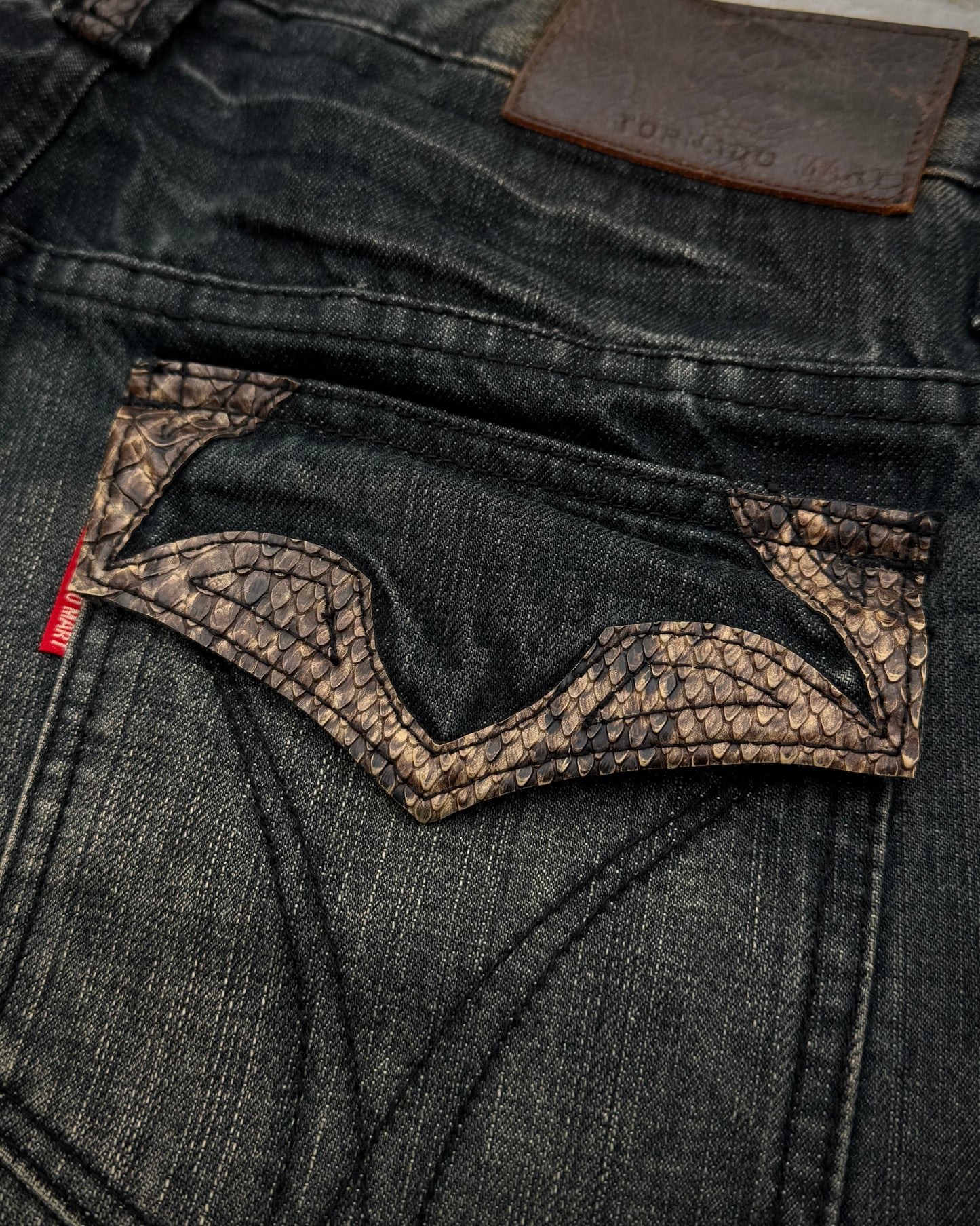 Tornado Mart Mud Washed Python Detailed Lace Up Flared Jeans
