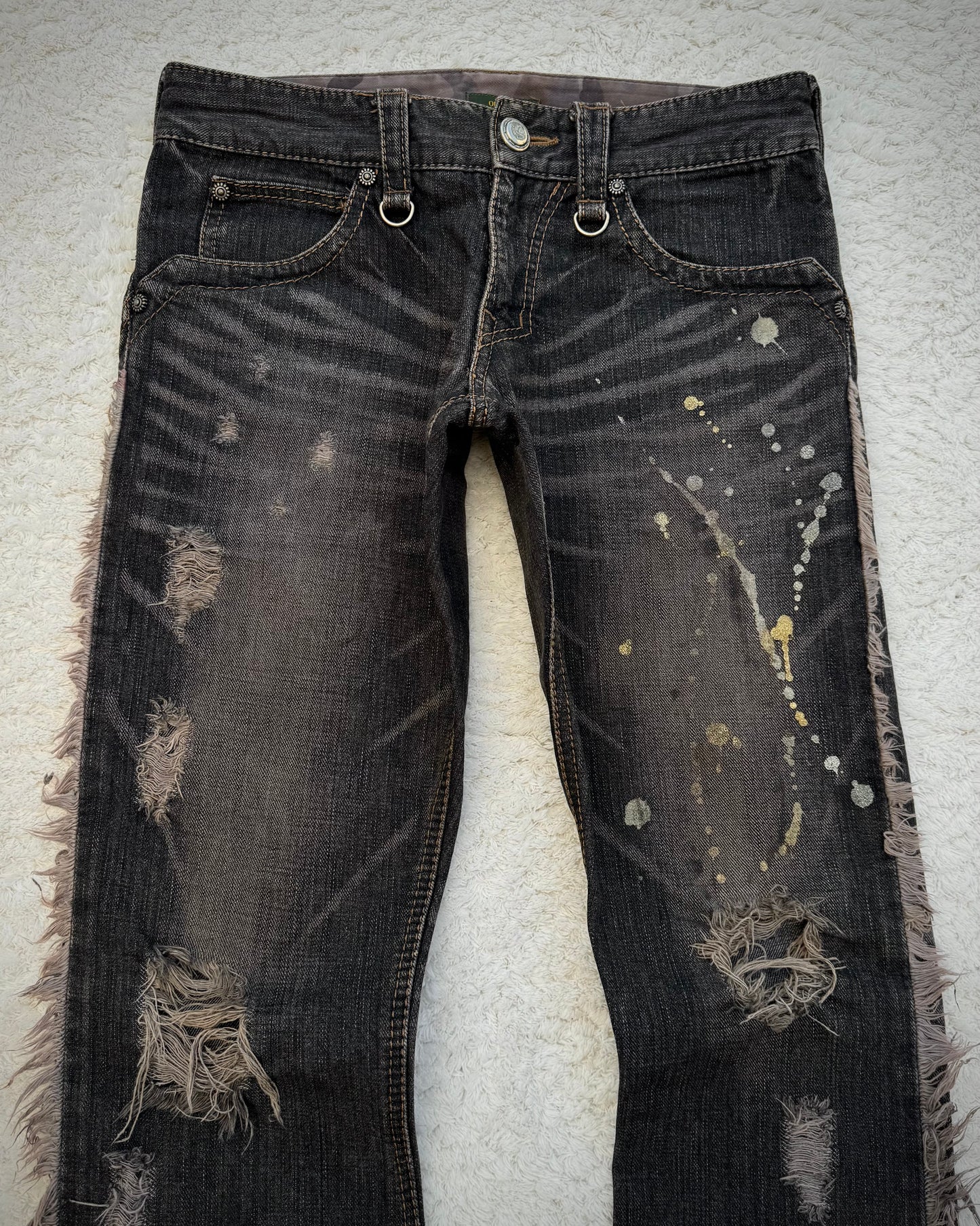 Obelisk Fringed Paint Splatter Flared Jeans