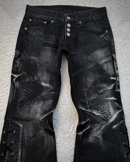 Tornado Mart Snakeskin Imprinted Lace Up Flared Jeans
