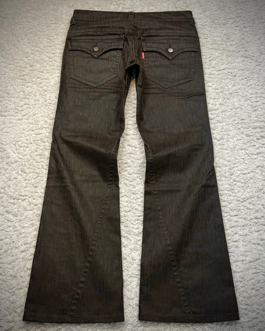 Tornado Mart Waxed Vintage Textured Spiral Flared Jeans