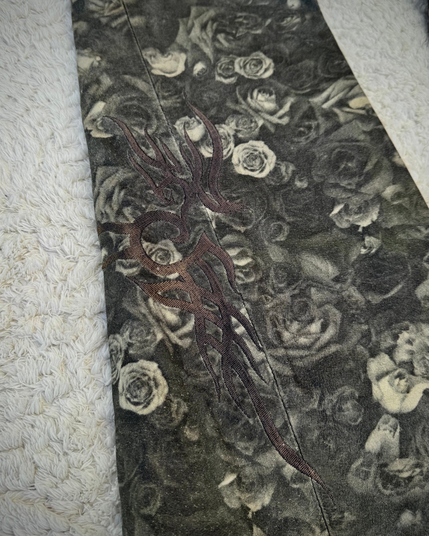 Tornado Mart Floral Tribal Embroidery Flared Leather Pants