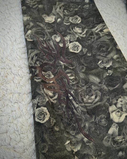 Tornado Mart Floral Tribal Embroidery Flared Leather Pants