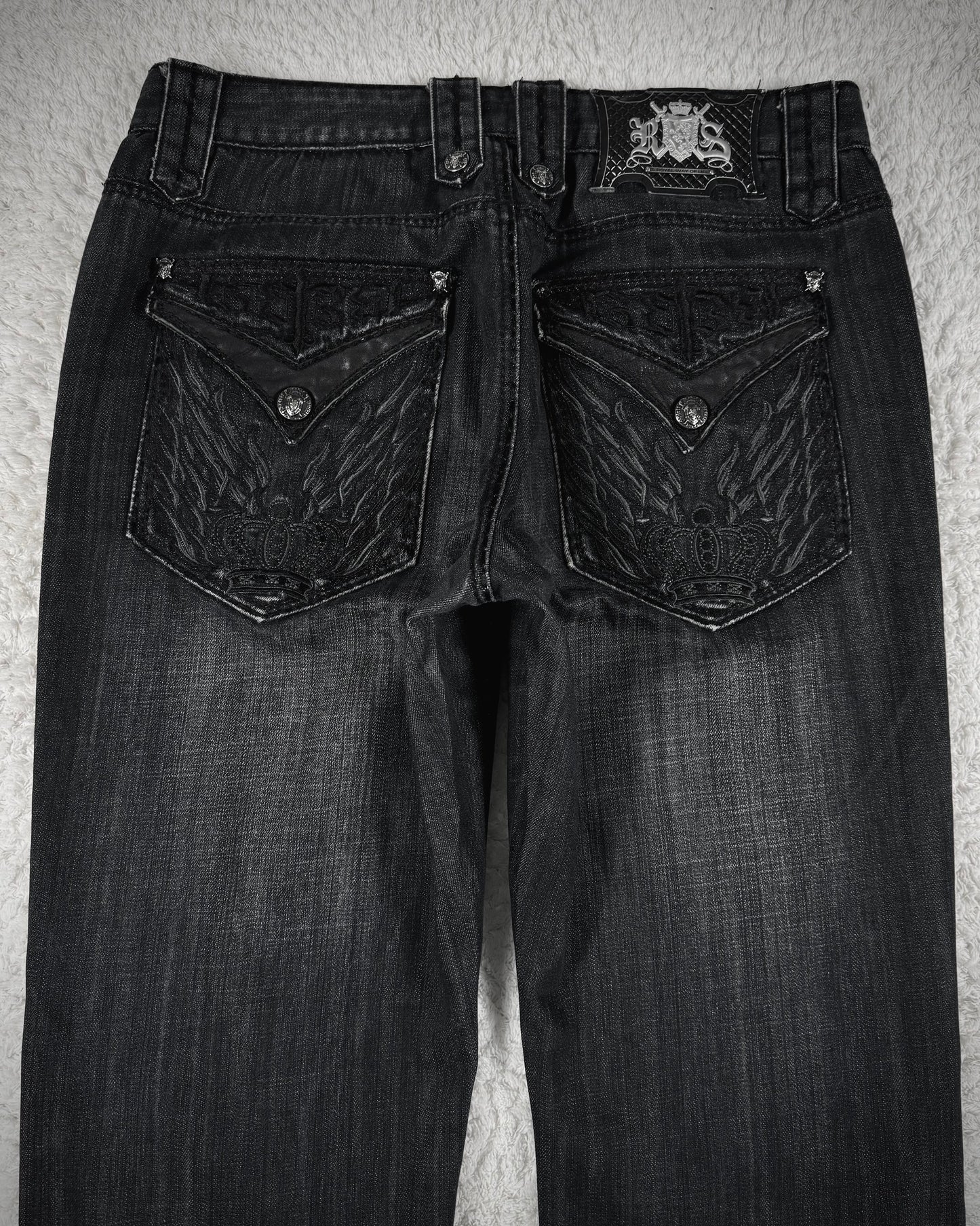 Rebel Spirit Crown Embroidered Flap Pockets Bootcut Denim