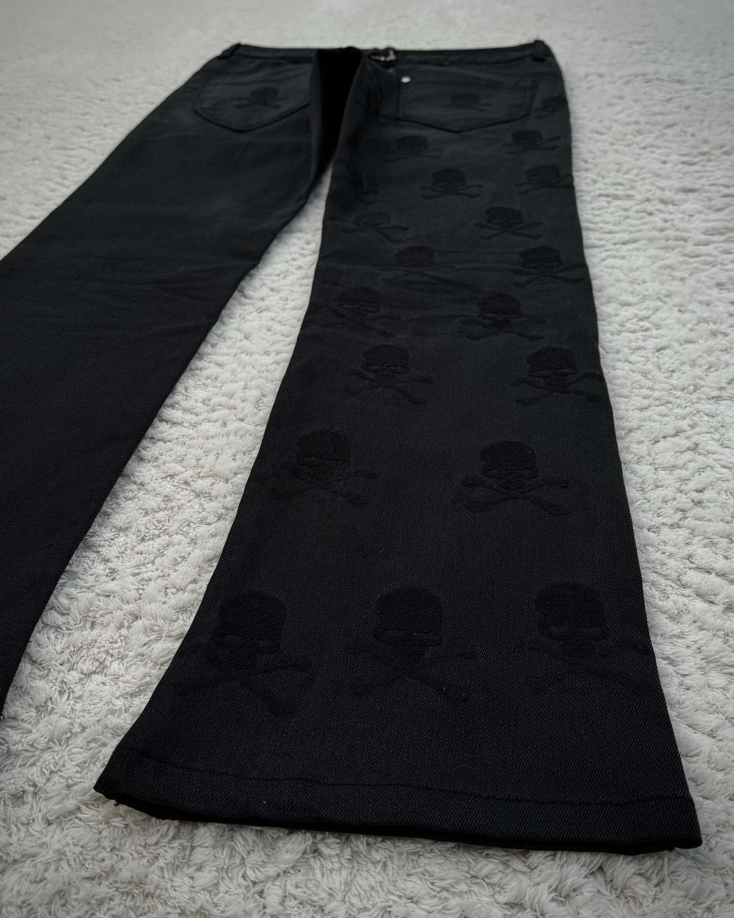Semantic Design Skull Embroideries Waxed Bootcut Pants