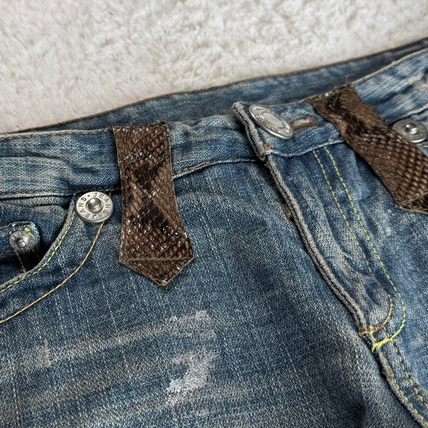 Silver Waxed Python Detailed Bootcut Lace Up Jeans