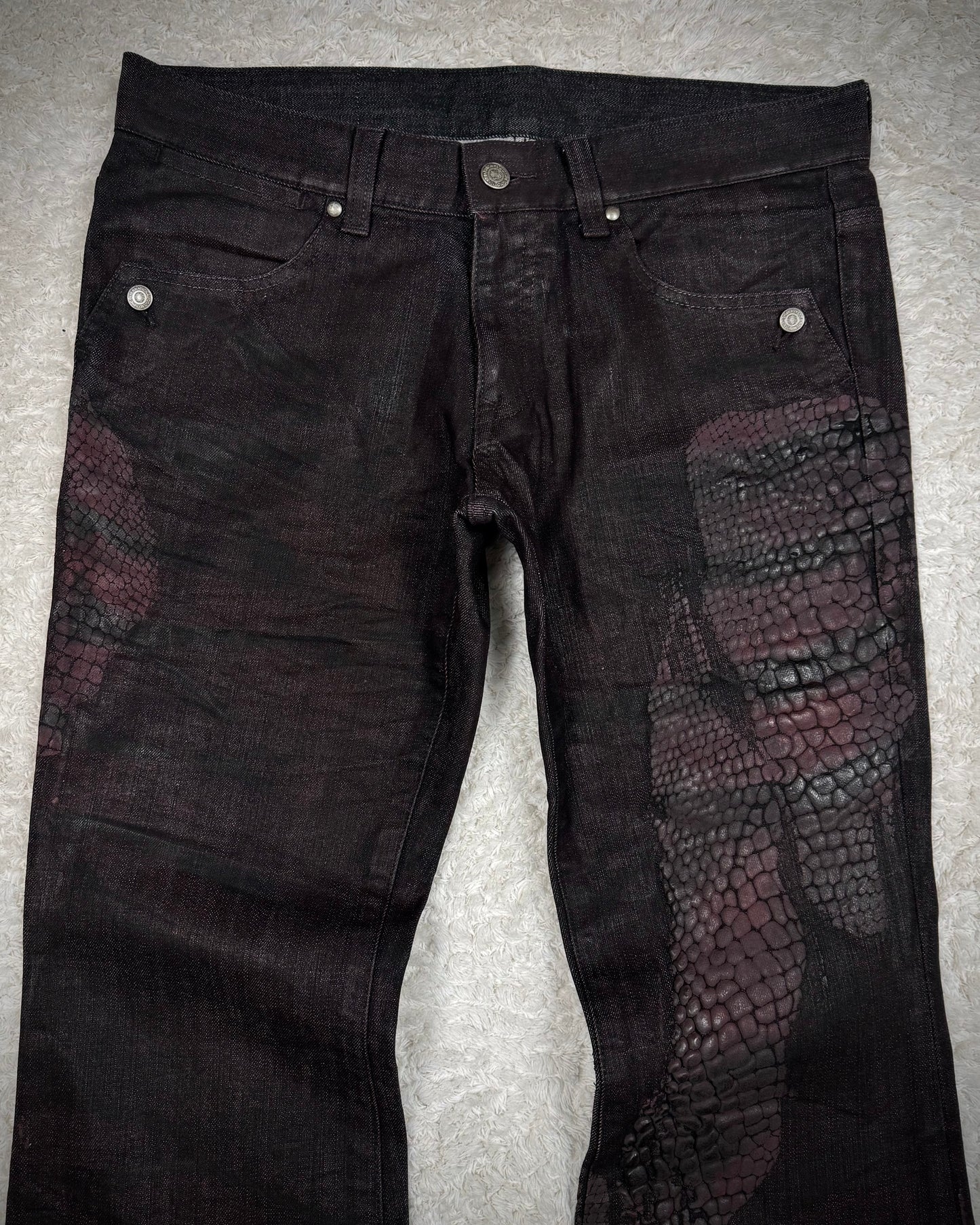 Tornado Mart 3D Python Coated Whisker Waxed Flared Jeans