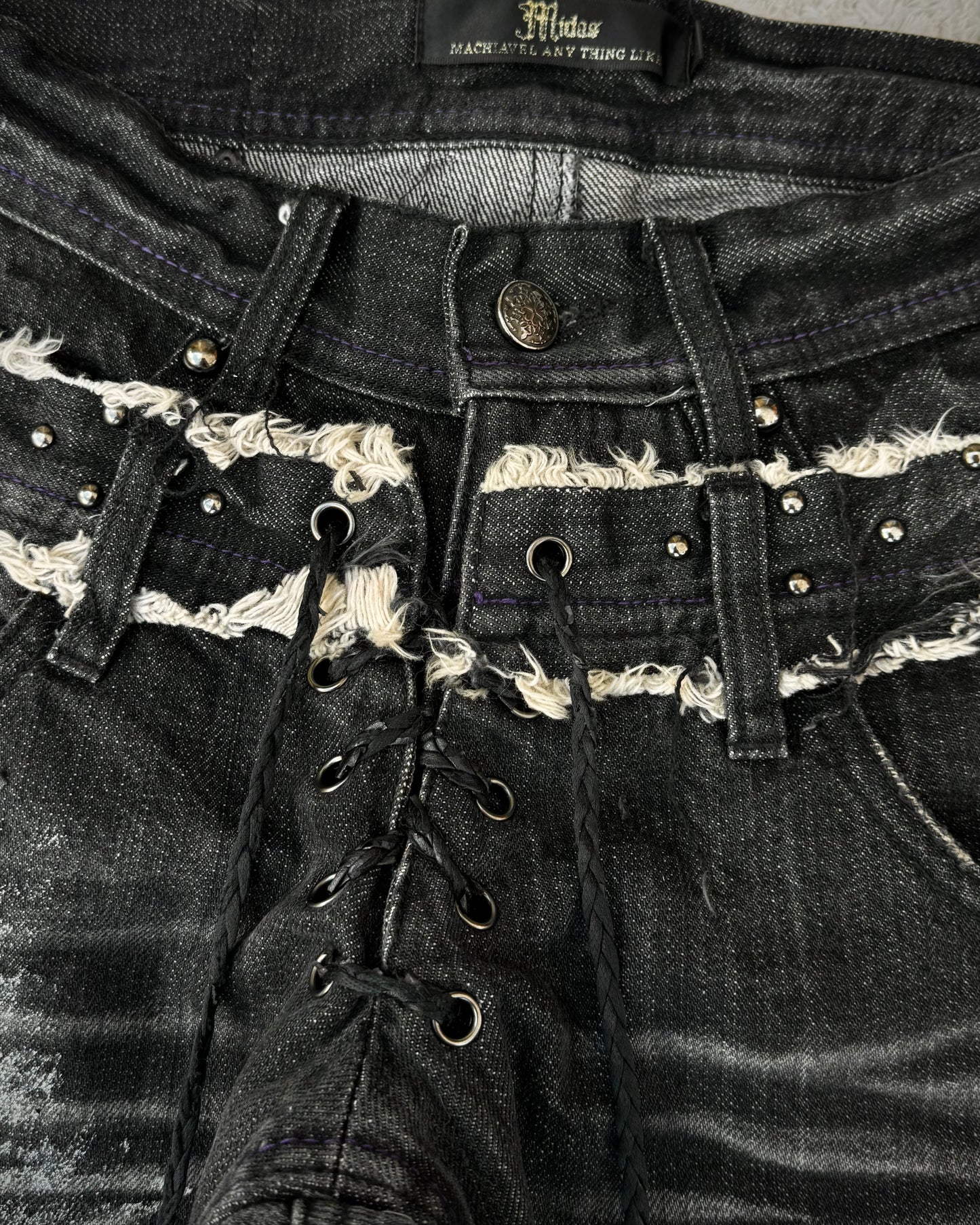 Midas Croc Repaired Silver Waxed Lace Up Bootcut Jeans