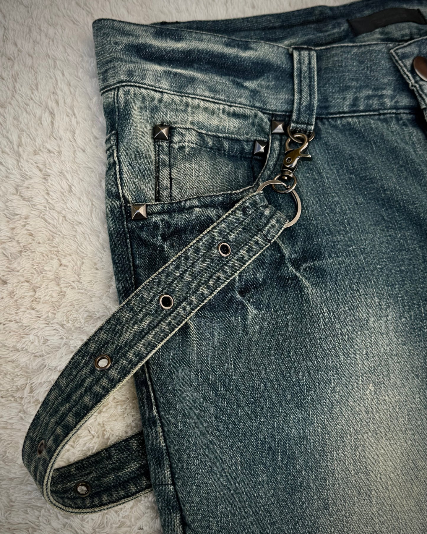 Black Baccara Mud Washed Belted Straps Flared Jeans
