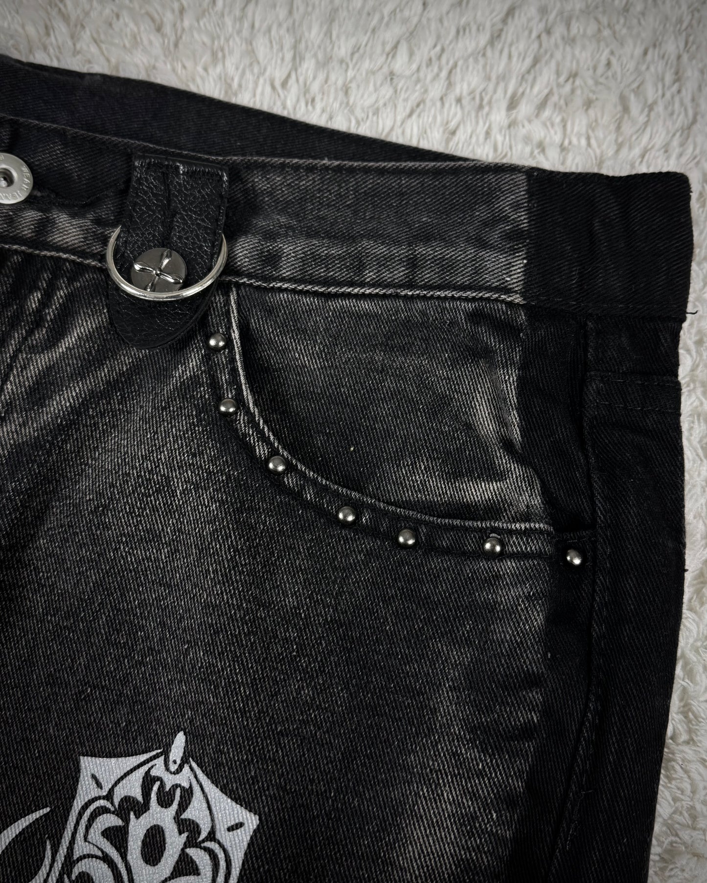 Cross Print Leather Hardware Detailed Wide Leg Bootcut Denim