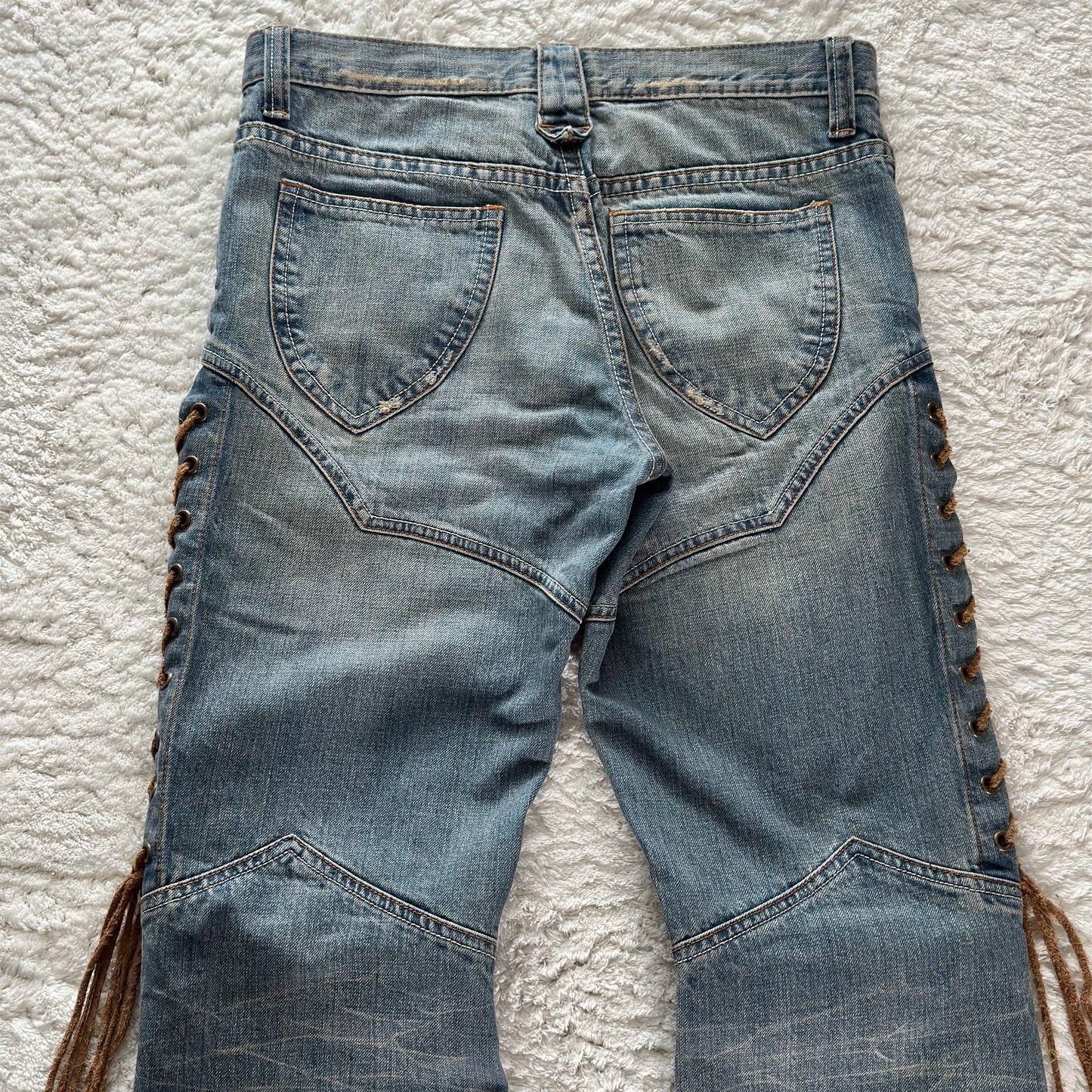 Semantic Design Thigh Leather Lace-Up Flared Jeans