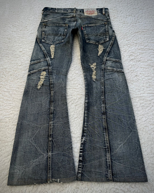 Tornado Mart Multi-Panel Crinkle Washed Flared Jeans