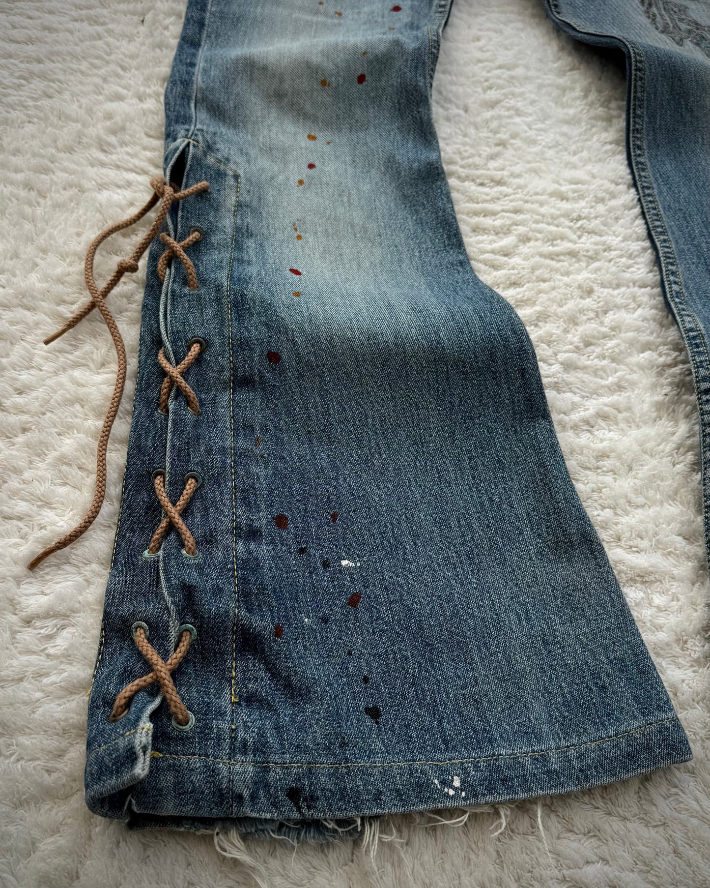 Tornado Mart Cross Embroideries Lace Up Flared Jeans