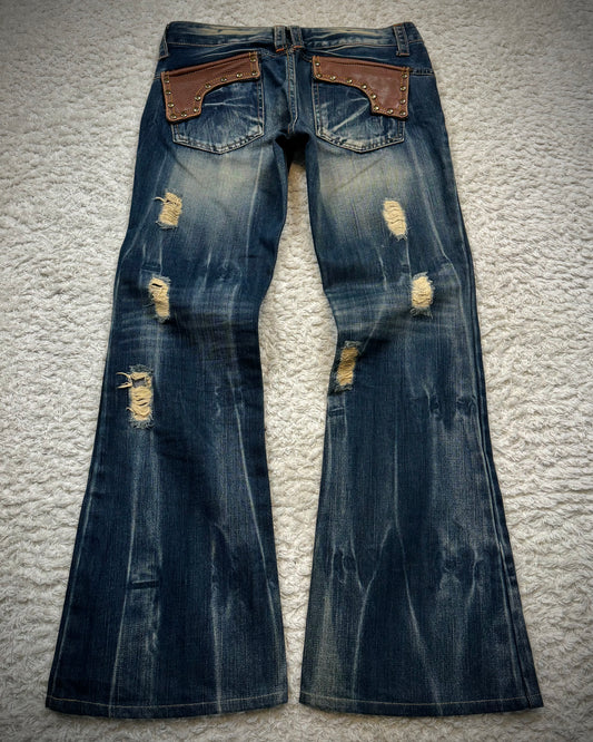 Glad News Studded Leather Pockets Flared Jeans