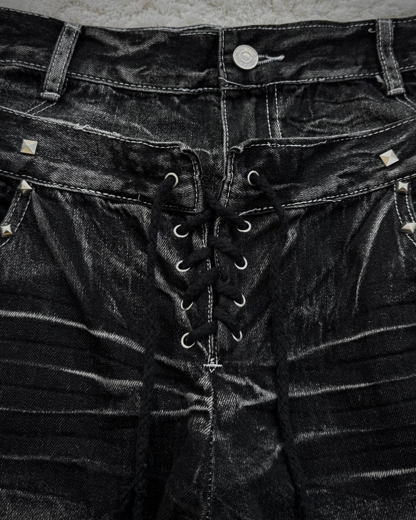 Double Waisted Lace Up Studded Distressed Flared Jeans