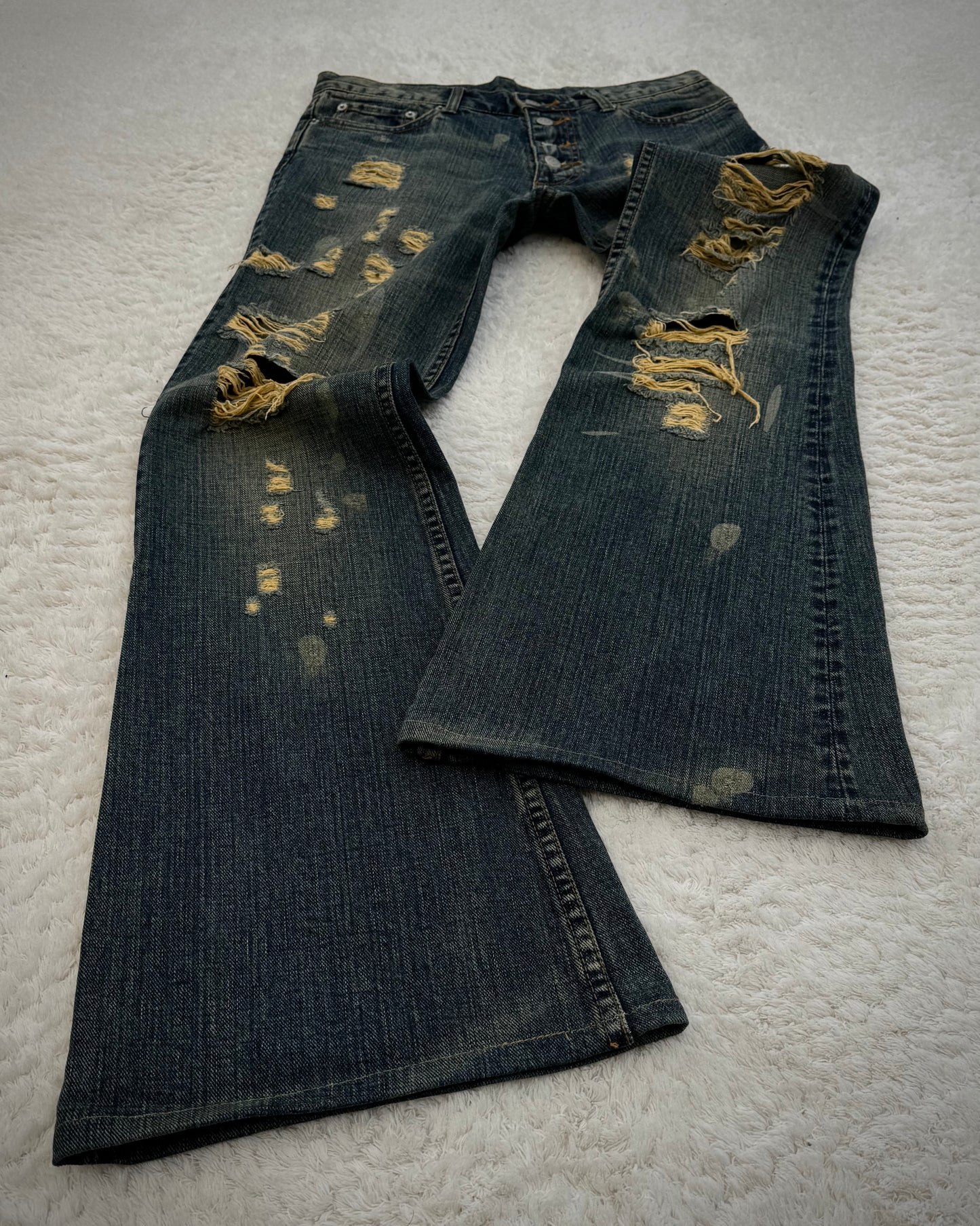 Tornado Mart Mud Washed Crash Distressed Flared Jeans