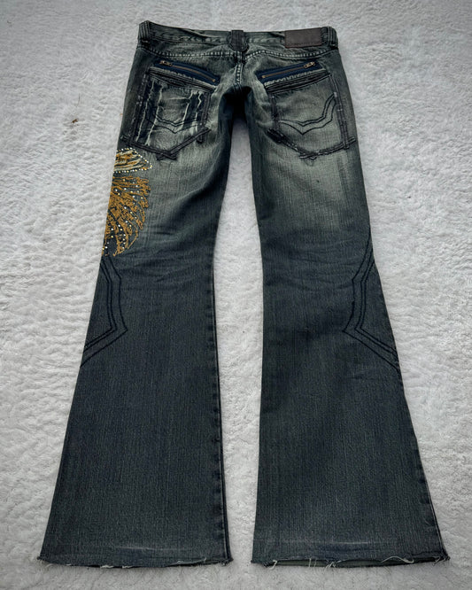 Tornado Mart Tribe Skull Embroidery Flared Jeans
