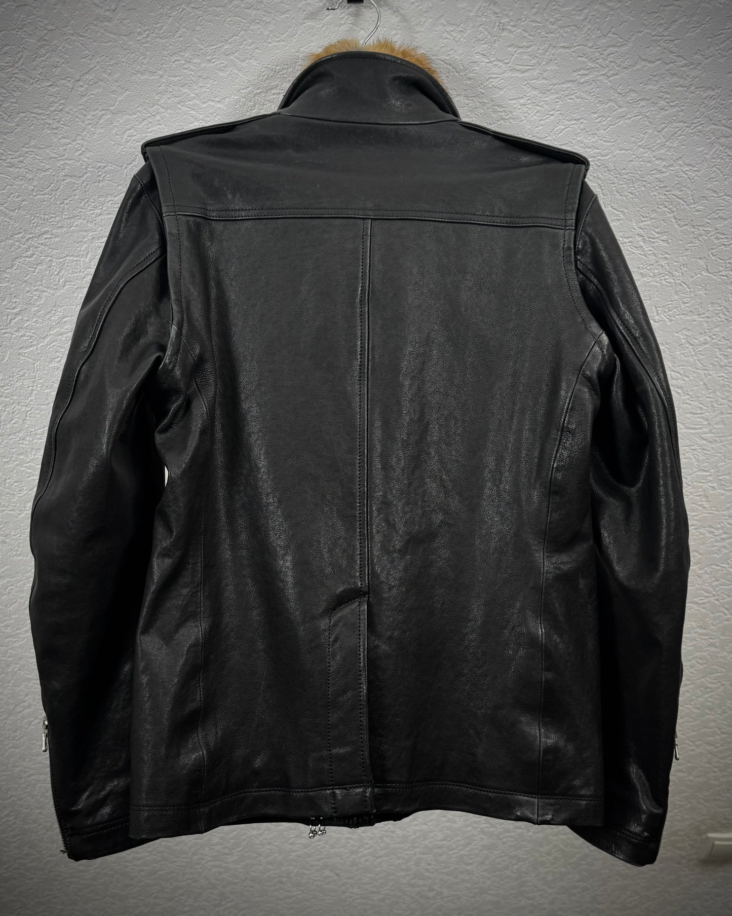 Pierced Transformable Fur Collar Leather Jacket