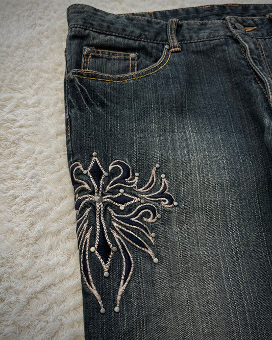 Custom Culture Studded Tribal Cross Embroideries Flared Jeans