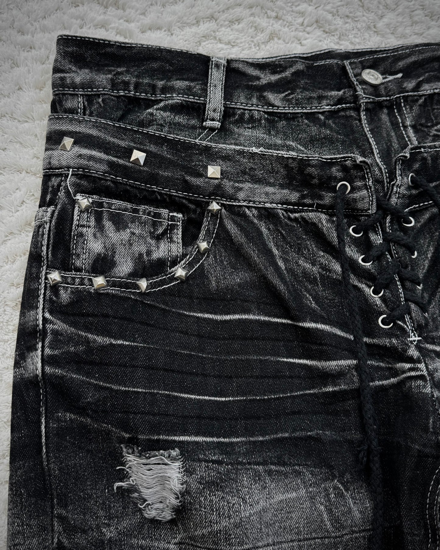 Double Waisted Lace Up Studded Distressed Flared Jeans