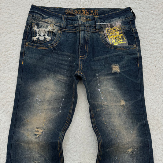 Cornflake Skull Embroidery Glitter Stroked Flared Jeans