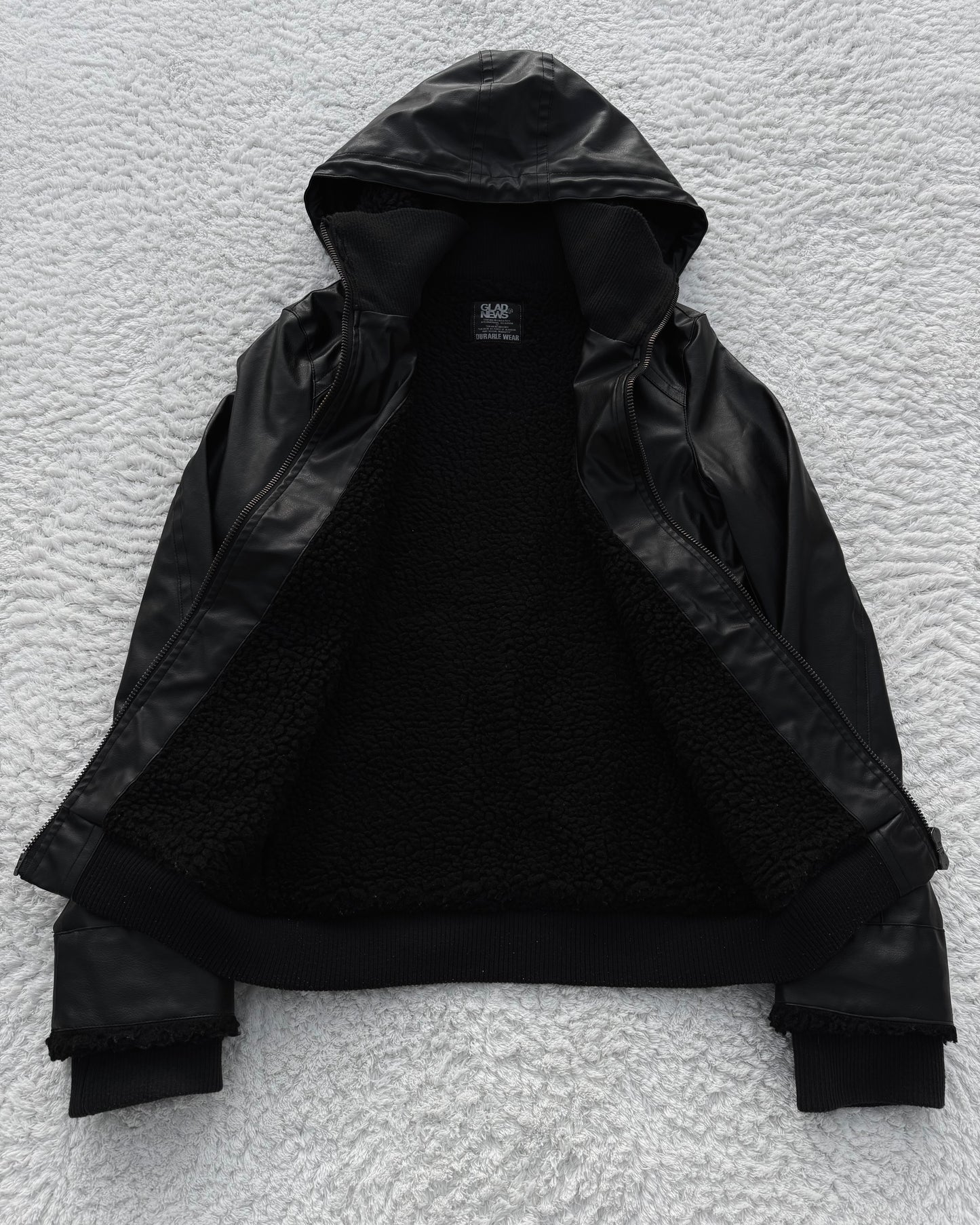 Glad News Hooded High Neck Leather Jacket