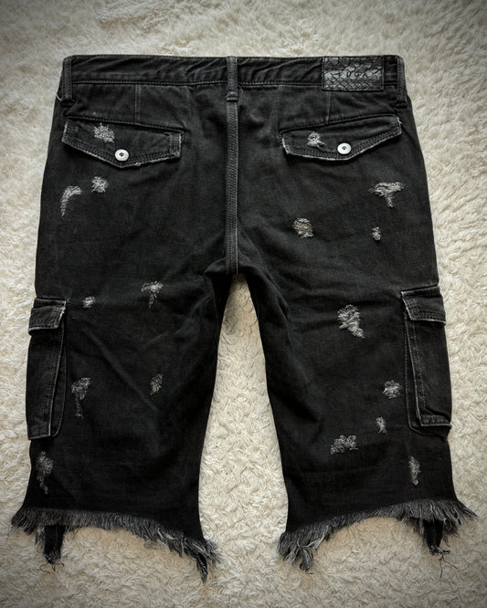 Fuga Raw Cut Fringed Cargo Denim Shorts