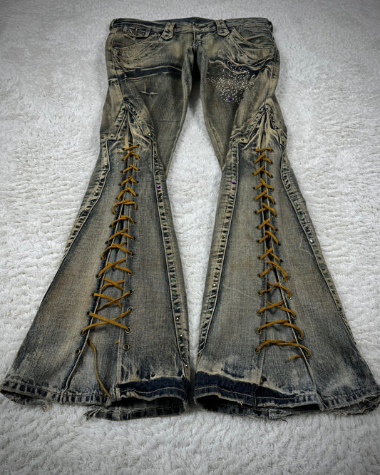 Tornado Mart Mud Washed Butterfly Lace Up Flared Jeans