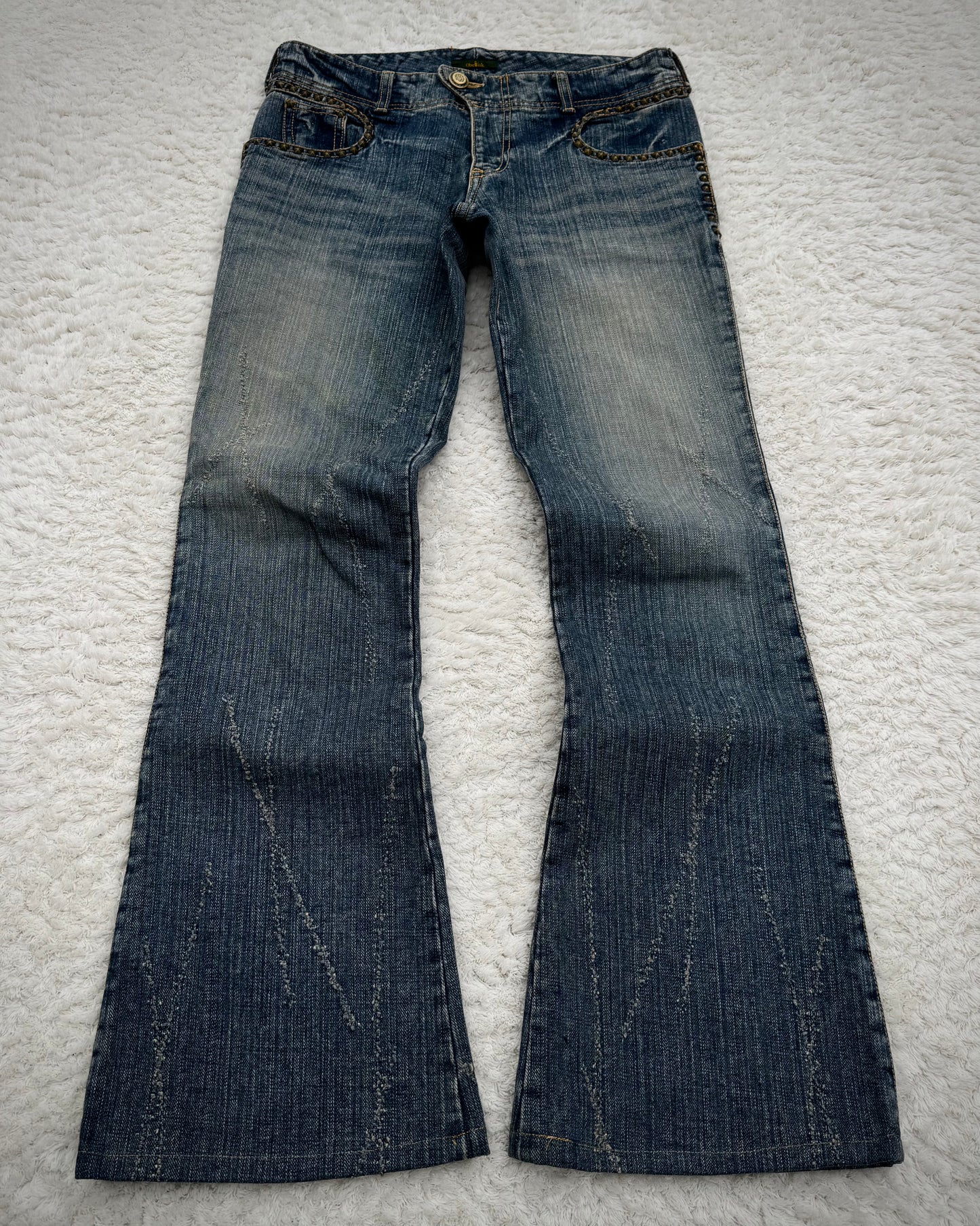 Obelisk Studded Distressed Design Flared Jeans