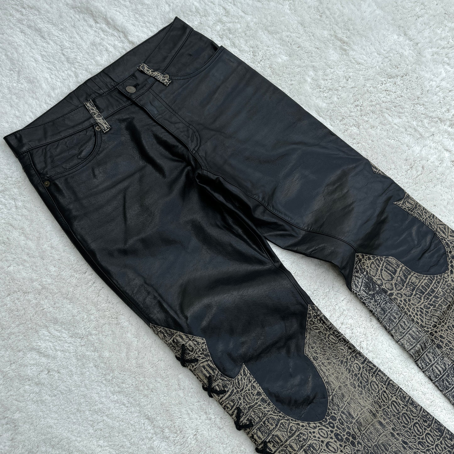 Tornado Mart Crocodile Leather Flared Lace-Up Pants