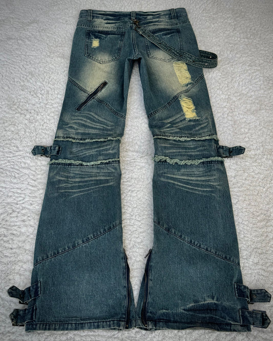 Black Baccara Mud Washed Belted Straps Flared Jeans