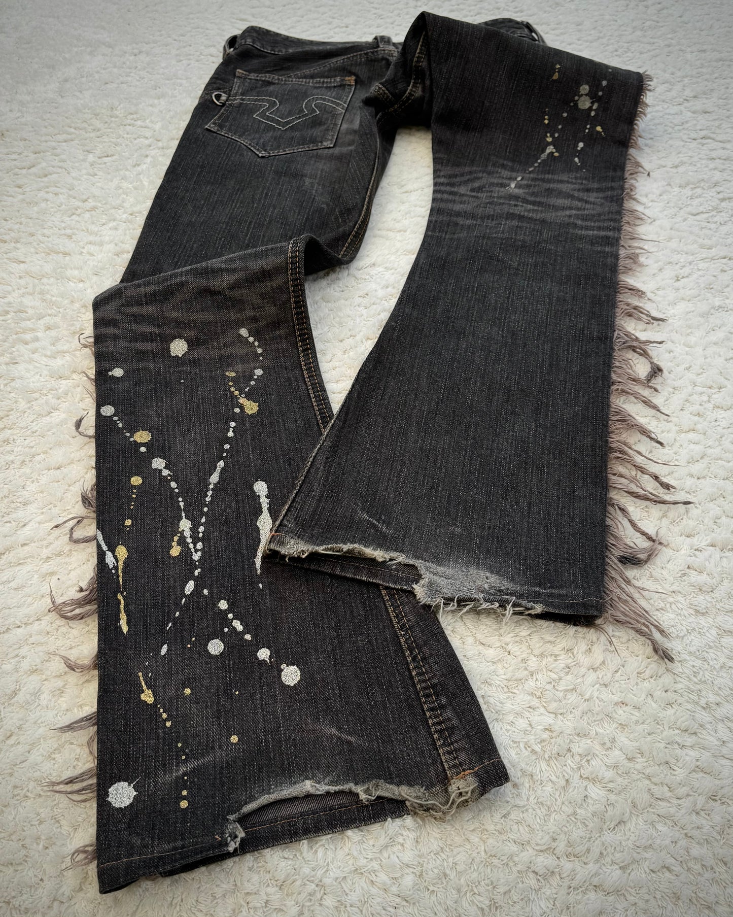 Obelisk Fringed Paint Splatter Flared Jeans
