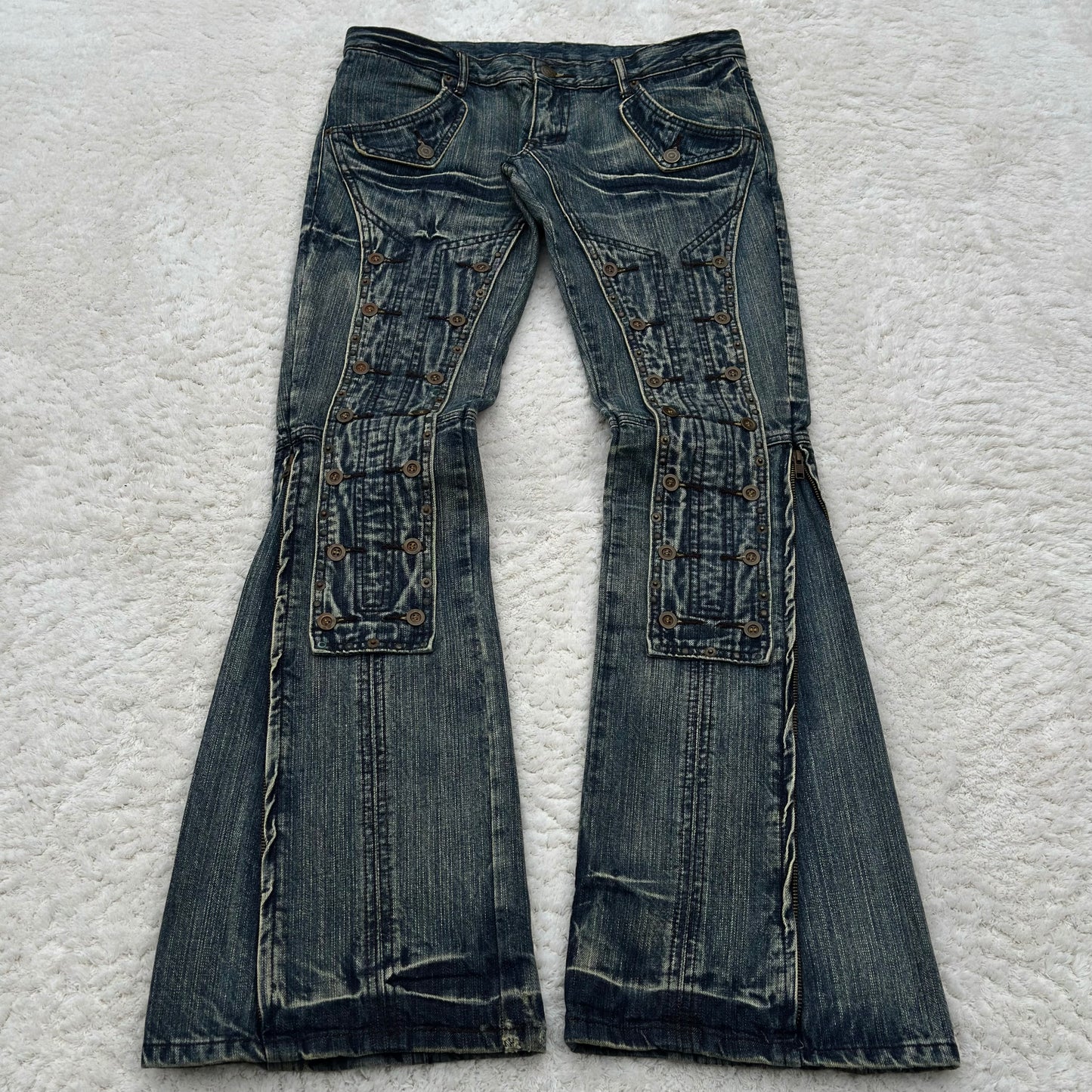 Tornado Mart Button Up Panel Zipper Flared Jeans