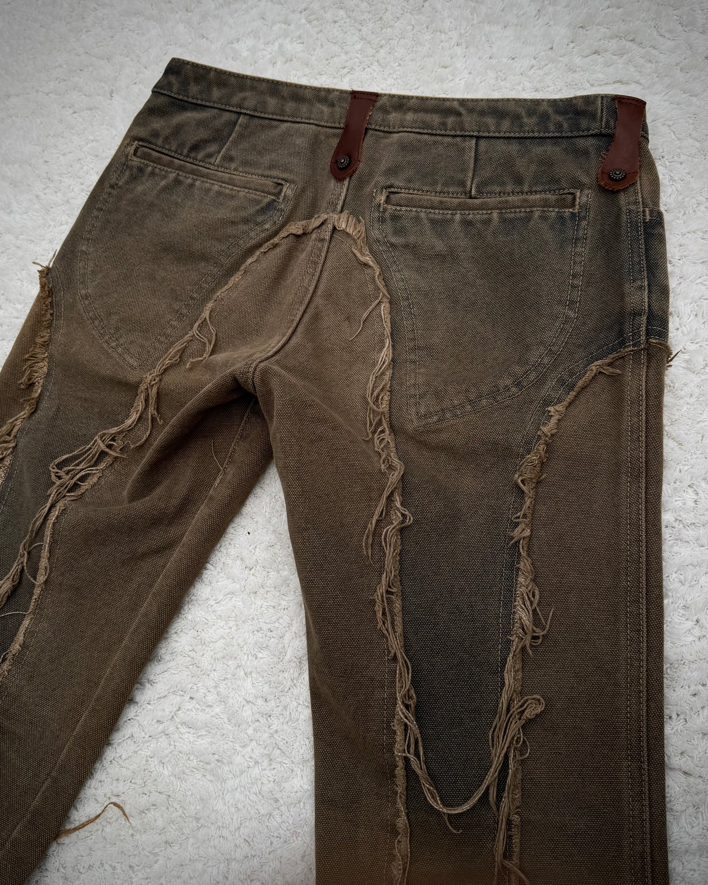 Obelisk Fringed Mud Washed Lace Up Flared Jeans