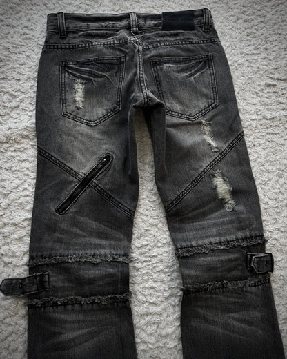 Black Baccara Zipper Strapped Construction Flared Jeans