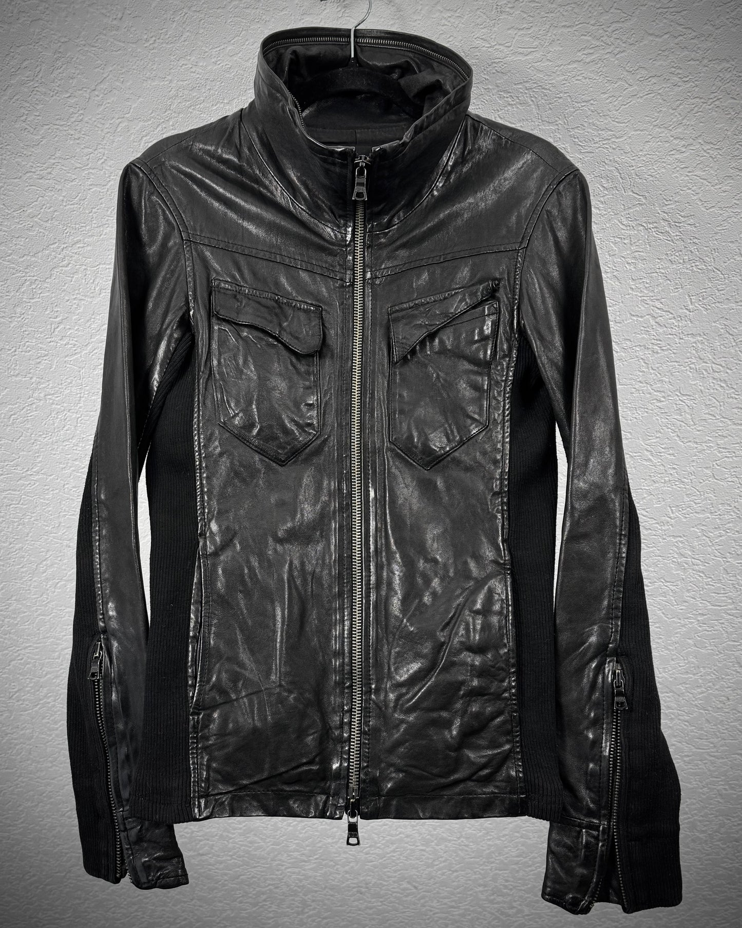 Buffalo Bobs Rib Knit High Neck Leather Jacket