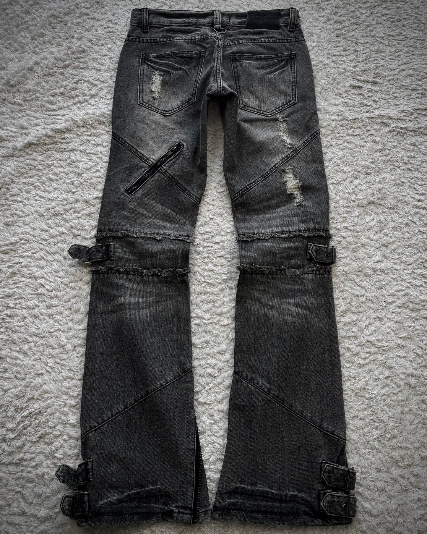 Black Baccara Zipper Strapped Construction Flared Jeans