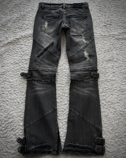 Black Baccara Zipper Strapped Construction Flared Jeans
