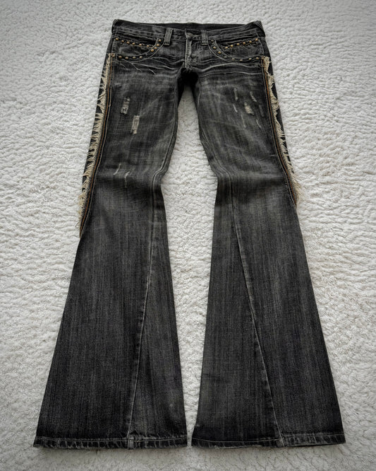 Tornado Mart Studded Spiral Fringe Flared Jeans