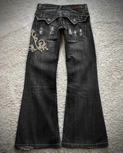 Tornado Mart Tribal Embroidery Spiral Flared Jeans