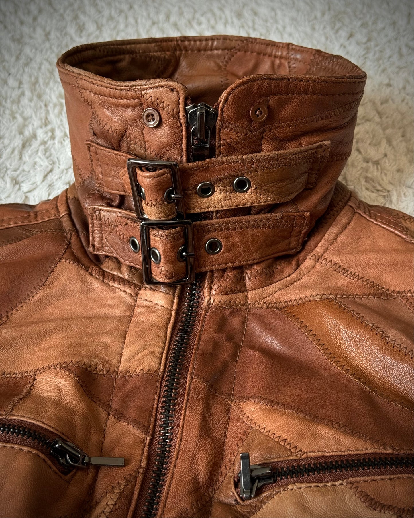 All The Way Scar Stitched Patchwork Leather Jacket
