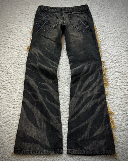 Philodox Fringed Zebra Washed Flared Jeans